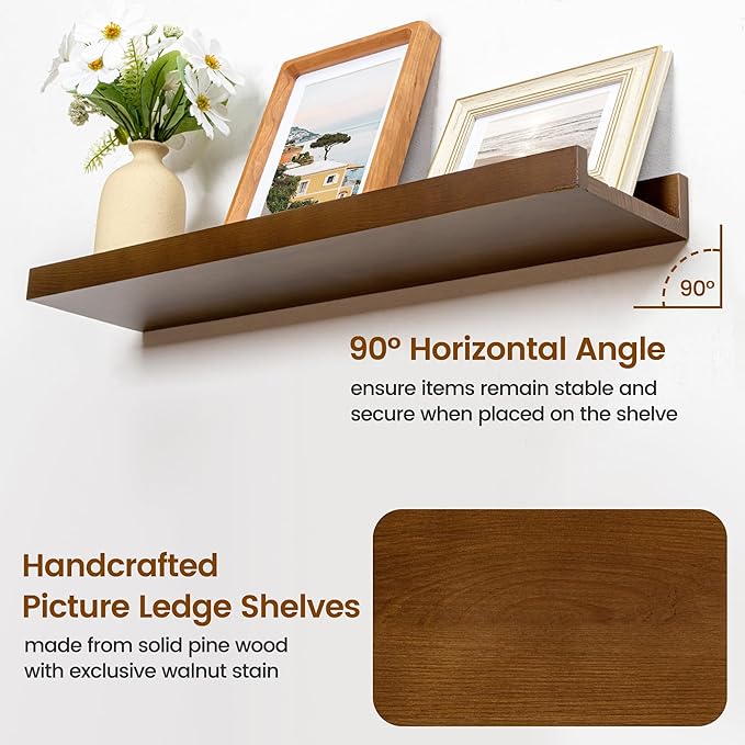 Picture Ledge Shelf, Floating Shelves Set of 2, Solid Pine Wood 72'' Long Large Nursery Book Shelves for Toys Storage, Kids Bookshelf for Living Room Bedroom Decor Books Photo Frames, Walnut