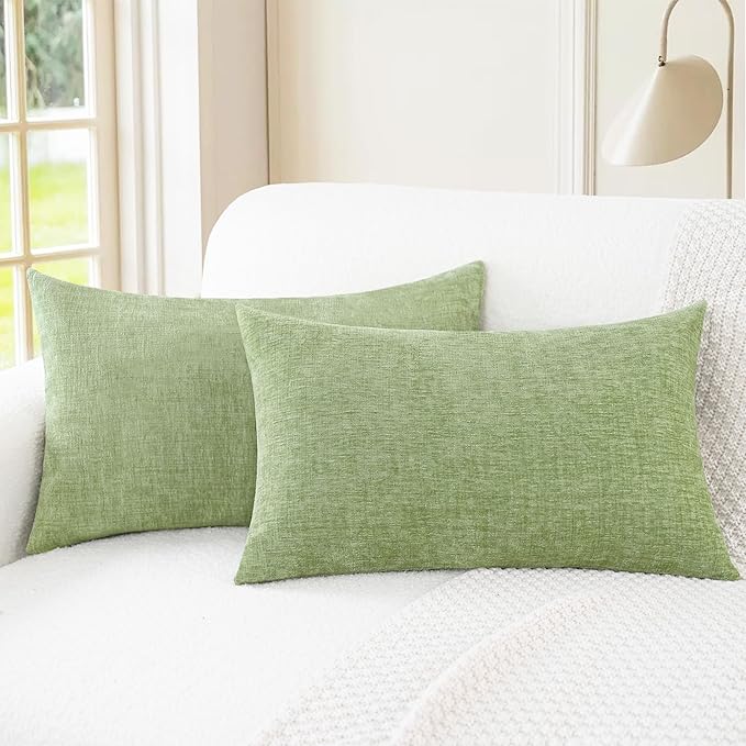 CaliTime Throw Pillow Covers Decorative 12 X 20 Inches Pack of 2 Cozy Chenille Cushion Cases for Couch Sofa Bed Living Room Home Sage Green