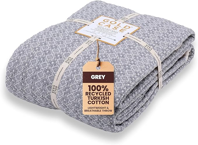Gold Case Throw Blanket for Bed – 100% Recycled Turkish Cotton Bed Blanket – Decorative Throw Cotton Blankets for Living Room & Bedroom – Retro Grey Woven Queen Blankets – 90x90