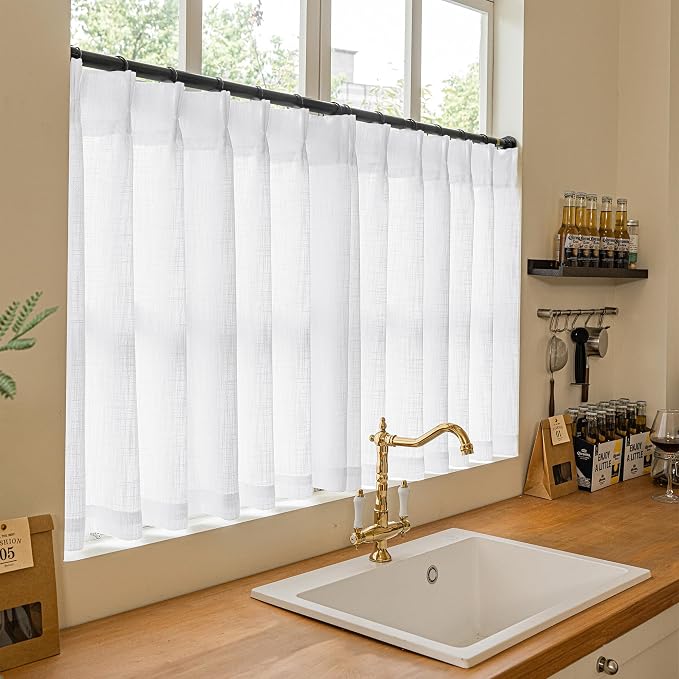 Pinch Pleated White 36 Inch Length Kitchen Curtains 2 Panels Set | Linen Blend - Image 8