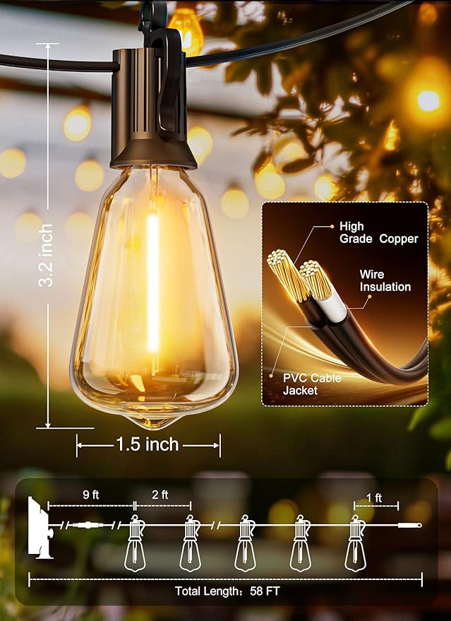 Brightown Outdoor Solar String Lights Waterproof 58FT with 25 Shatterproof ST38 LED Bulbs, 2700K Solar Lights Outdoor with Remote, Solar String Lights for Outside, Camping, Yard, Party Decor