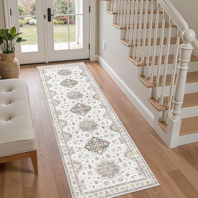 Washable 2x6 Runner Rug - Area Rugs Neutral Vintage Distressed Floral Farmhouse Boho Large Soft Floor Rug Indoor Carpet for Hallway Entryway Bedroom Kitchen - Blue Brown