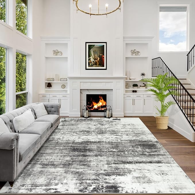 6x9 Area Rugs for Living Room: Washable Abstract Black Grey Badroom Carpet | by GENTDRIZZ