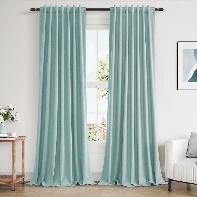 Light Blue 100% Blackout Linen Curtains 96 Inch Length 2 Panels Set by Guken