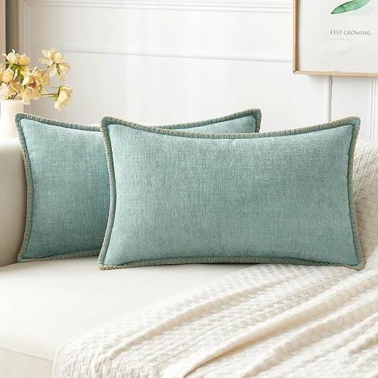 MIULEE Pack of 2 Couch Throw Pillow Covers 12x20 Inch Aqua Green Farmhouse Decorative Pillow Covers with Stitched Edge Soft Chenille Solid Dyed Spring Pillow Covers for Sofa Bed Living Room