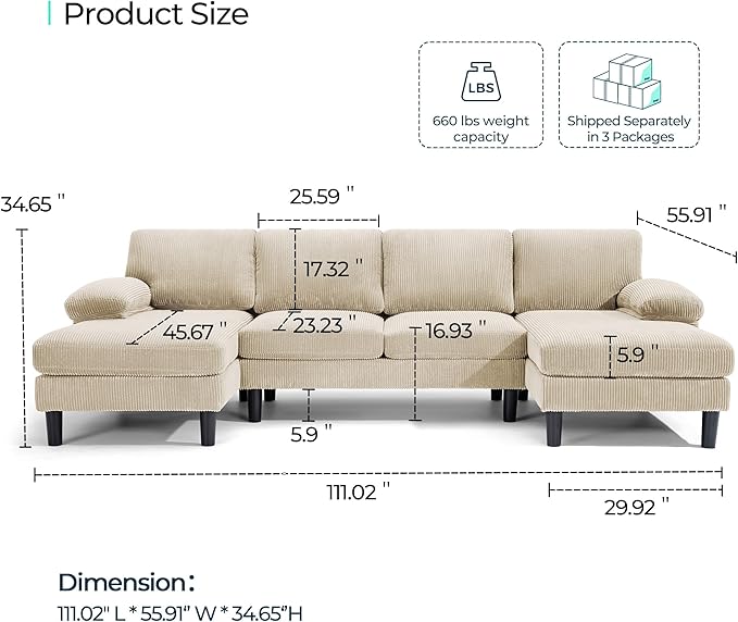LINSY HOME Sectional Couch, 111'' W Corduroy U Shaped Sofa with Sleepable Armrests, 4 Seat Couch with Double Chaises, Deep Seat Sofa for Living Room, Beige