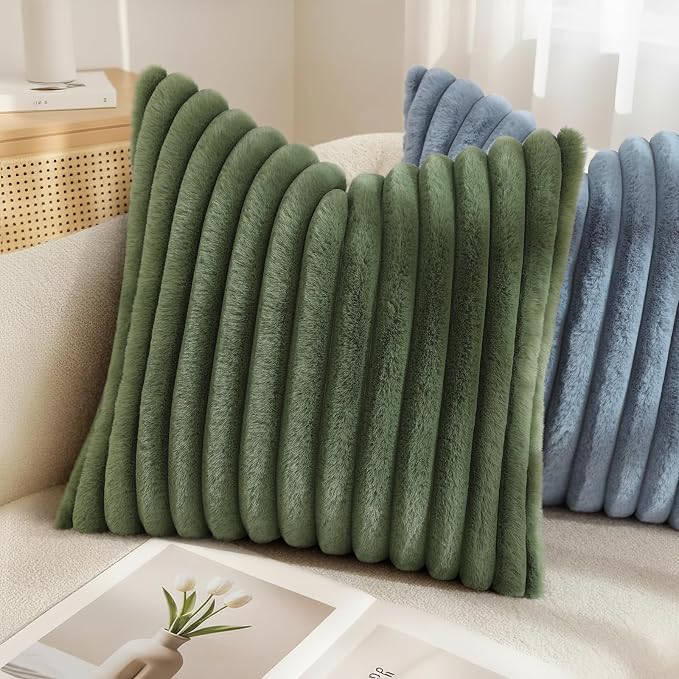 decorUhome Fall Faux Fur Throw Pillow Covers 24x24 Set of 2 Olive Green | - Image 6