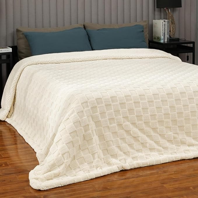 Pawque Super Soft Cozy Throw Blanket King Size for Couch Bed, Fluffy Sherpa Fleece Reversible Thick Warm Fuzzy Blanket for All-Season, 3D Checkered Jacquard Decorative Blankets, Cream White, 108"x90"