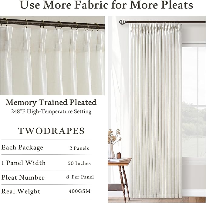Extra Long Pleated Semi Sheer Flax Linen Curtains Cream Ivory 132 Inch Long | - Image 4