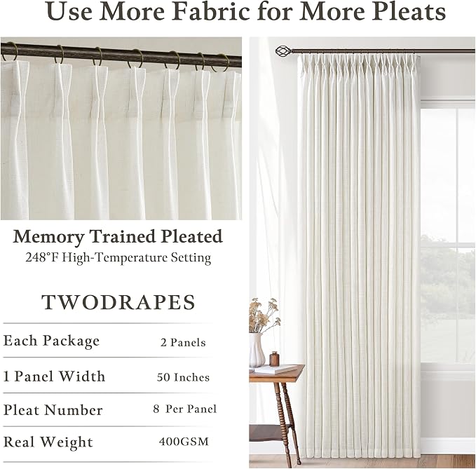 96 Inch Pleated Light Filtering Natural Linen Boho Curtains 50 Inch Wide | - Image 4