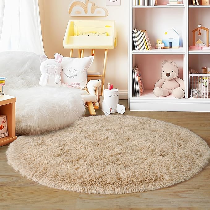 5'x5' Beige Round Rug for Bedroom, Ultra Soft Fluffy Circle Rug for Kids Girls - Image 3