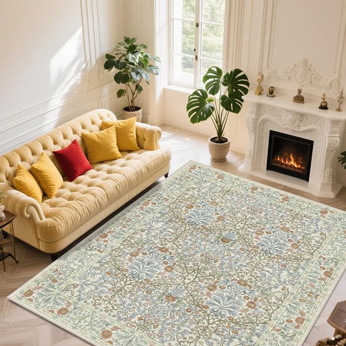 Vintage Beige Blue Living Room Rug, 8x10 Washable Area Rugs - Image 2