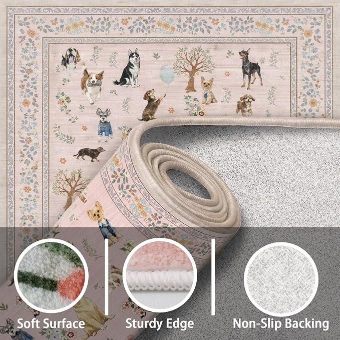 Pink Floral Area Rug 4x6 for Bedroom Dining Room | Low Pile; Non Slip;Machine - Image 7