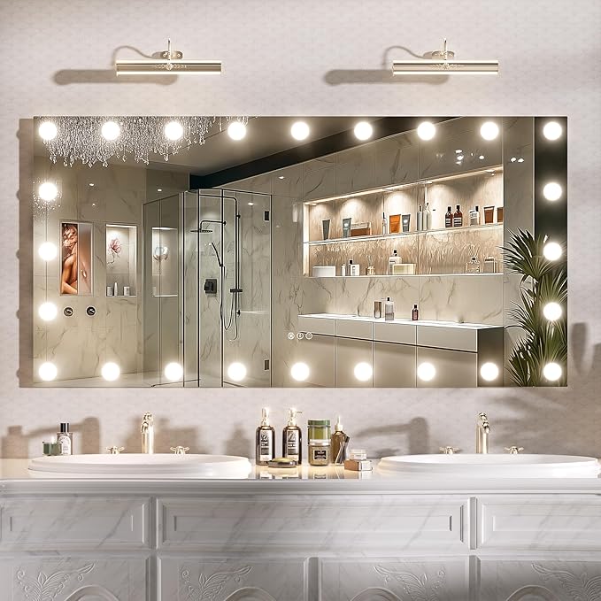 Hasipu LED Bathroom Mirror with Lights, 59" x 30" Hollywood Wall-Mounted Bathroom Mirror with 24 Dimmable Bulbs, 3 Colors Modes, Touch Control, Anti-Fog, Memory Function, Shatter-Proof, ETL Listed