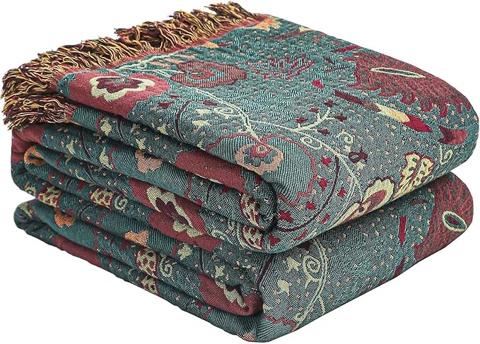 Boho Fall Throw Blanket for Bed，100% Ultra Cotton Soft Breathable Bed Throw Floral Printed Farmhouse Decor Rustic Bed Throws for Couch Sofa Quilt 90" x 98"