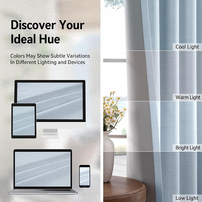 100% Blackout Linen Textured Curtains 63 Inch Long, Chambray Blue | 100% - Image 7