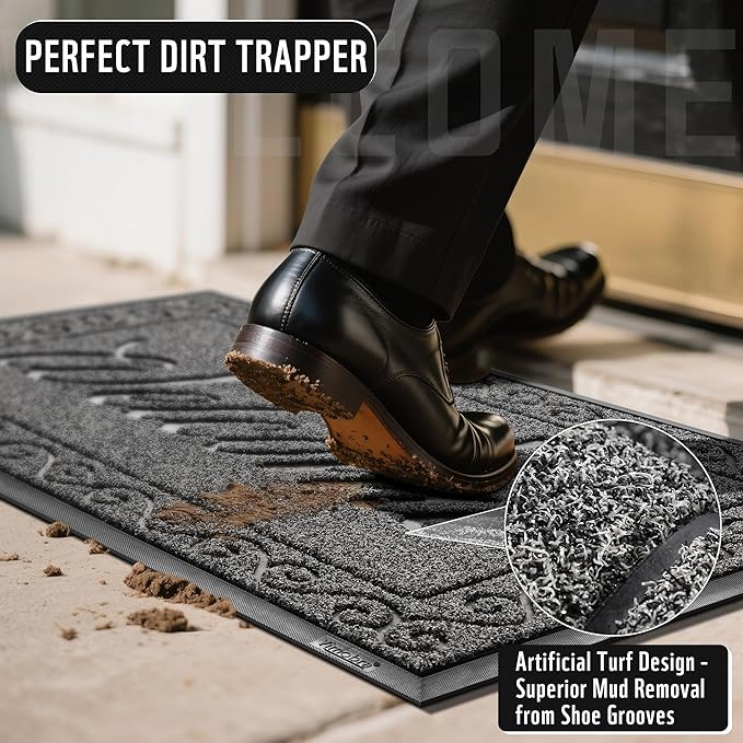 Yimobra Welcome Mat Outdoor Indoor, Waterproof Heavy Duty Front Door Mat Outside Entrance, Extra Sturdy Non-Slip Doormat, Low Profile, Dirt Trapping, 36x24 Inches, Black Gray