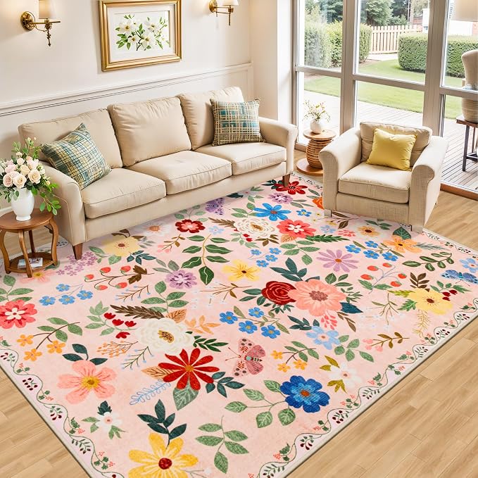 PLHXFR 8x10 Area Rug Living Room: Floral Washable Boho Soft Carpet Beige | - Image 2