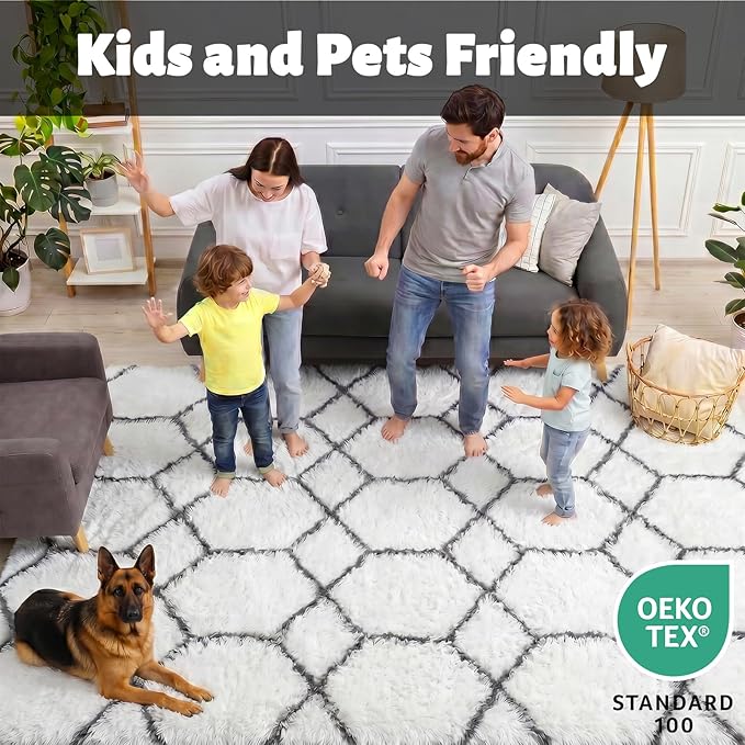 8x10 Area Rugs for Living Room, Fluffy White and Grey Geometric Bedroom Rug | - Image 3