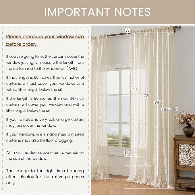WAZZIO Boho Lace Curtains 2 Panels 90 Inches -Cute Vintage Victorian Sheer - Image 8