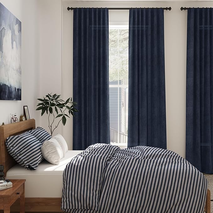 Nanspring Navy Blue Linen Curtains 63 Inches Length 2 Panels Set - Image 7