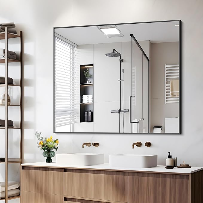 Black Bathroom Mirror for Wall, 36x40 Inch Rectangle Mirrors with Metal Frame, Modern Rectangular Wall Mirror for Bathroom Living Room, Entryway Hangs Horizontal or Vertical