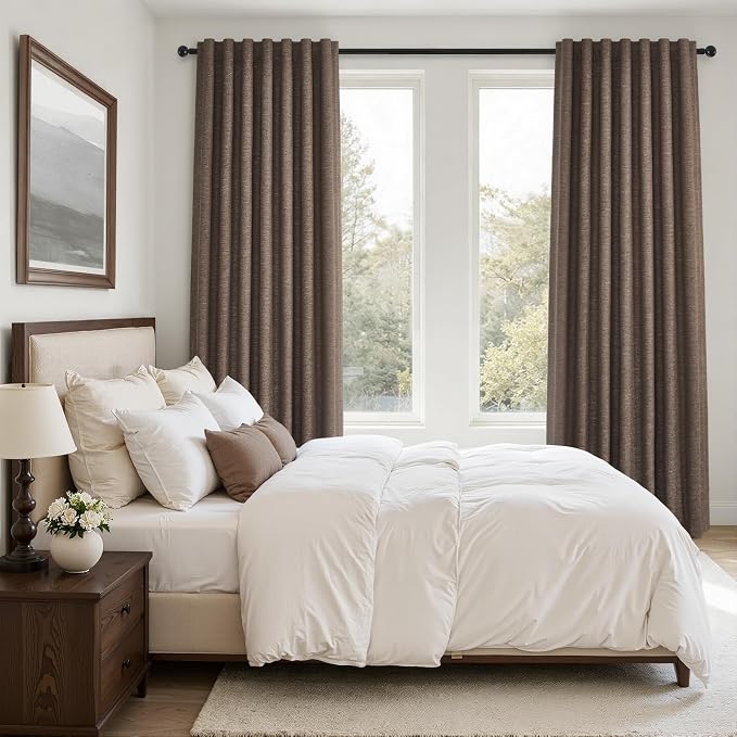 102 Inch Length Linen Blackout Bedroom Curtains Dark Brown Back Tab Pleat - Image 7