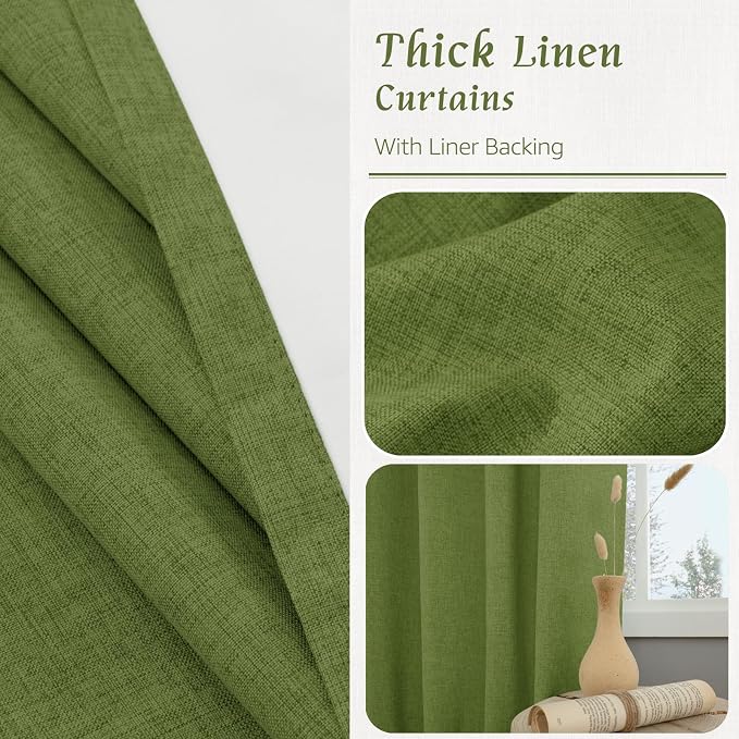 100% Blackout Linen Curtains for Bedroom 45 Inches Long 2 Panels | Sage Green - Image 8