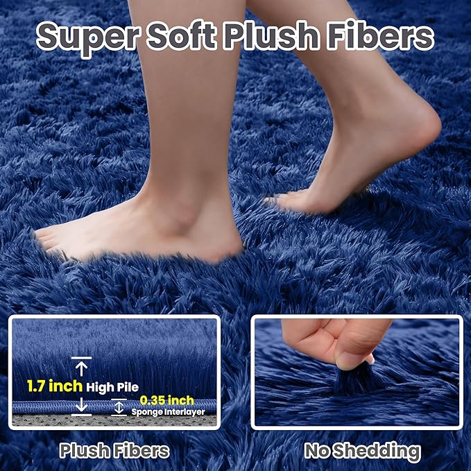 5x7 Fluffy Shag Area Rugs for Living Room Bedroom: Soft Plush Carpet Blue | - Image 5