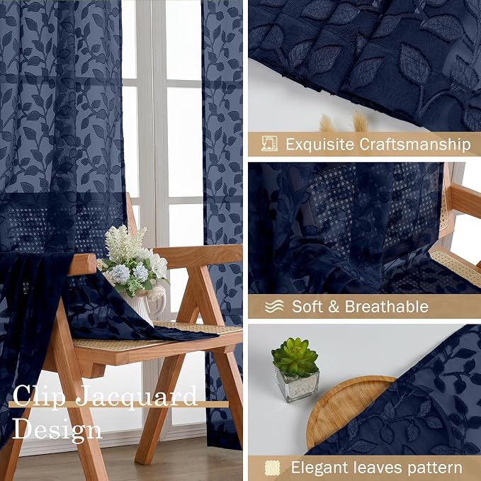 Chyhomenyc Navy Blue Sheer Curtains 63 Inch Length 2 Panels Set, Light - Image 7