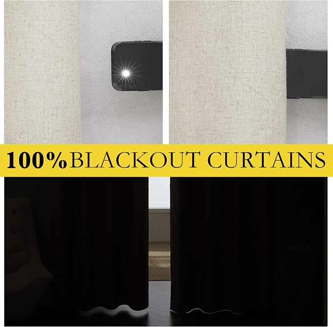 NICETOWN Natural Full Blackout Boho-Chic Linen Curtains 80 inch Long 2 Panels - Image 3
