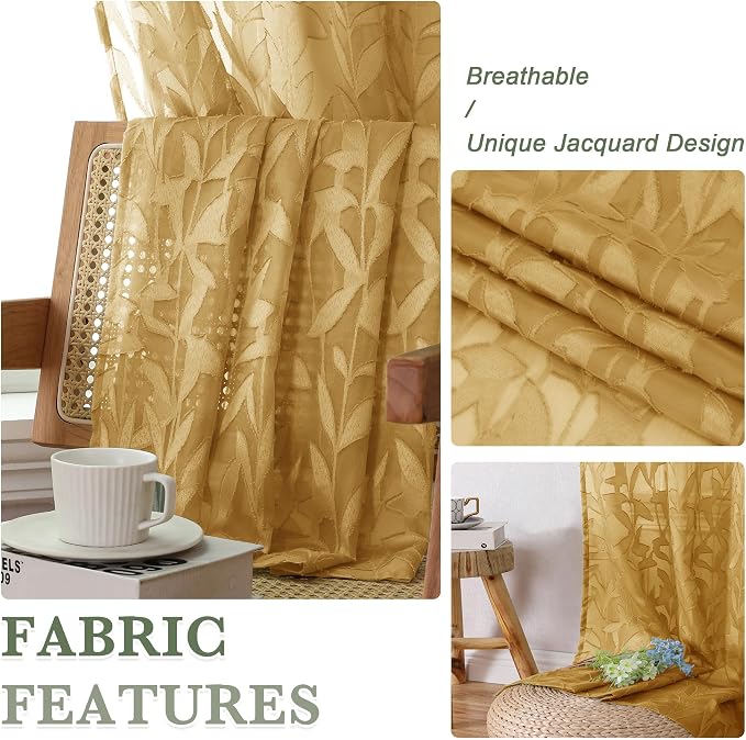 Lecloud Leia Dark Gold Sheer Curtains 63 Inch Length 2 Panels, Light Filtering - Image 3