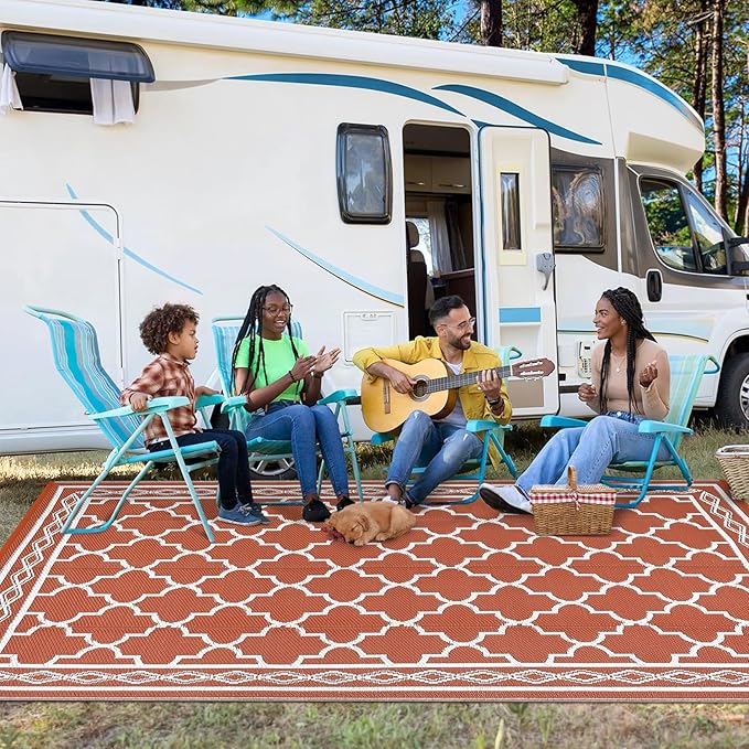 GAOMON Outdoor Plastic Straw Rug, 10'x14' Reversible Sage Green Patio Mat, Flower Modern Design for RV, Backyard, Deck, Camping, Picnic, Orange/White(Geometric)
