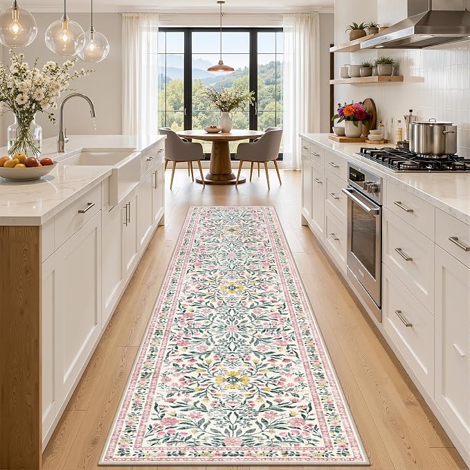PLHXFR 2.6x10 Washable Runner Rug：Floral Indoor Kitchen Carpet Pink Green | by PLHXFRSoftAreaRugs