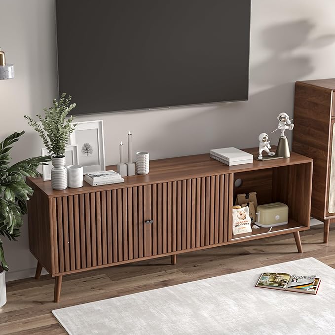 Mid Century Modern TV Stand for Televisions up to 70 Inches, with Sliding Doors and Storage, Television Stands, TV Consoles, Media Consoles for Living Room, 63 Inch (Walnut)