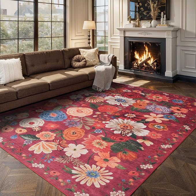 Area Rugs 10x14 for Living Room, Non Slip Machine Washable Floral Rugs | Low - Image 6