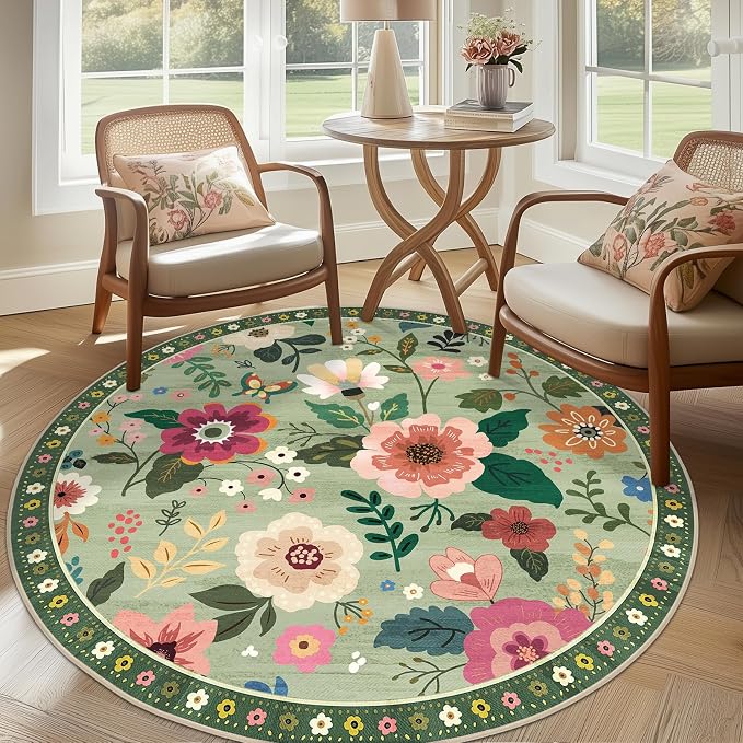 RELEANY Floral Washable Round 8ft Area Rug LightGreen | Flower Carpet Print - Image 8