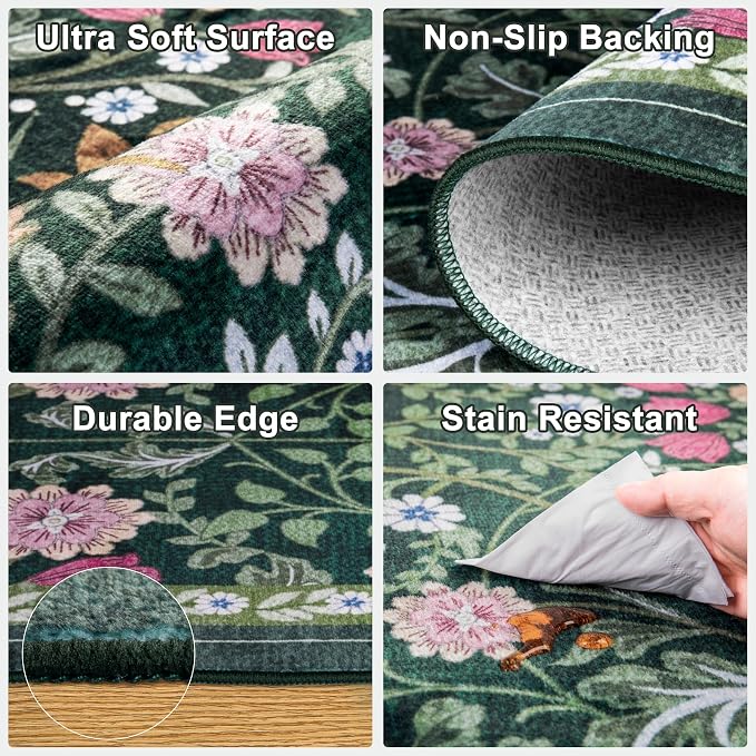 PLHXFR 2x6 Washable Runner Rug：Floral Indoor Kitchen Carpet Dark Green | - Image 8