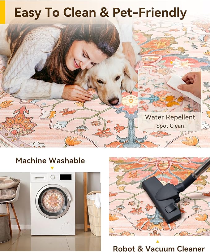 RELEANY Washable Area Rug, Round 10ft, Water Repellent, Pet Friendly, Vintage - Image 5