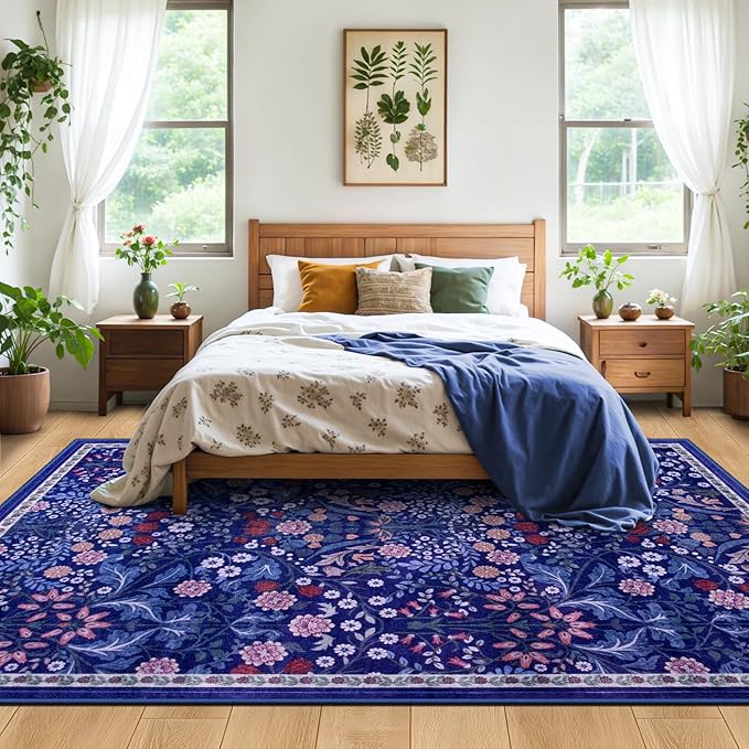 PLHXFR Area Rug 10x12 Living Room: Floral Washable Boho Soft Carpet Blue | - Image 3