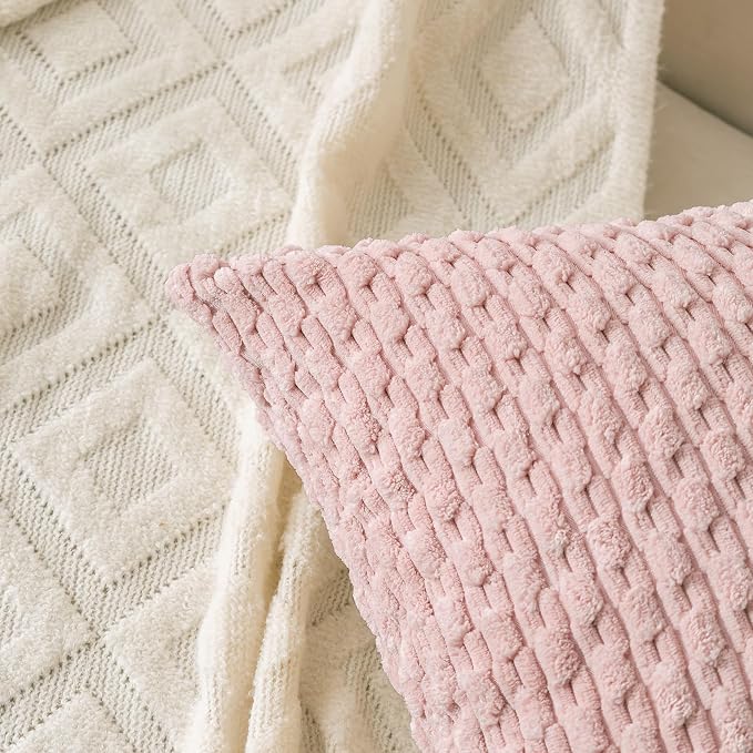 Set of 4 Pink Beige White Decorative Throw Pillow Covers 20x20 Inch Corduroy - Image 4