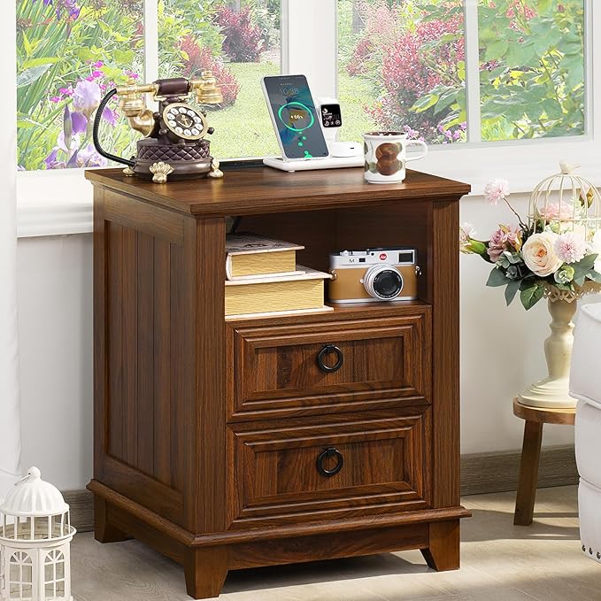18" Farmhouse Night Stands Set of 2 with Charging Station, 2 Drawers End Table Dresser for Bedroom, Brown Wooden Nightstand, Bed Side Table with Open Shelf, Bedside Cabinet for Living Room