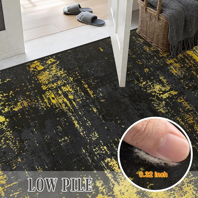 10x14 Area Rug Living Room: Modern Washable Soft Carpet Black Gold | - Image 7