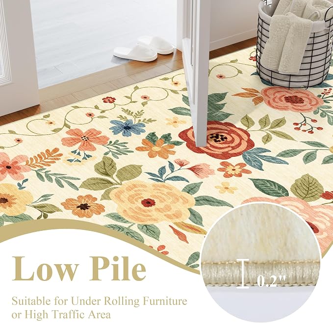 DUKINO 2.6x12 Kitchen Runner Rug, Floral Non Slip Washable Rug Beige Yellow | - Image 7