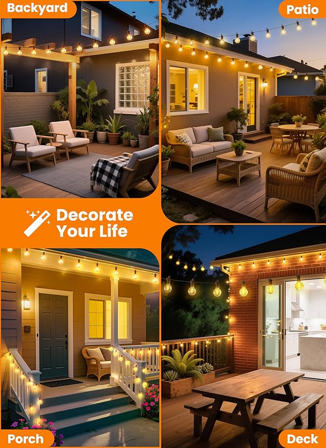 LED Outdoor String Lights, 50FT 25+2 Shatterproof Bulbs Outdoor Patio Lights, IP65 Waterproof Connectable Hanging Outside Light for Backyard, Porch, Deck, Balcony, 2200K