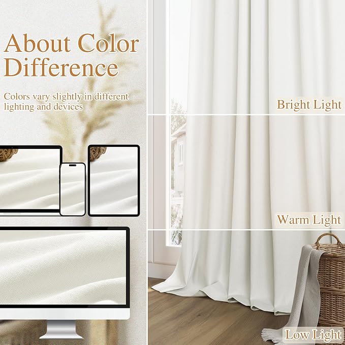 Ivory 100% Blackout Linen Curtains 102 Inch Length 2 Panels Set - Image 7