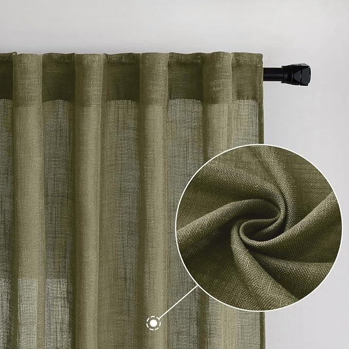 MIULEE Light Olive Green Linen Curtains 84 Inch Length 2 Panels - Image 2