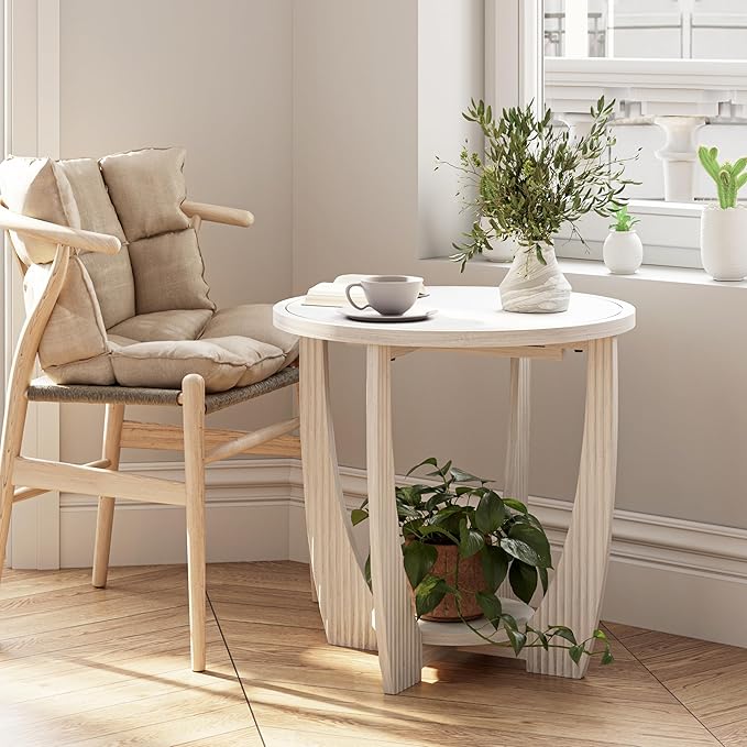 Rustic Farmhouse end Table with Storage Shelf, French Country Accent Side Table for Family, Dinning or Living Room, Small Spaces, Modern, Round, White