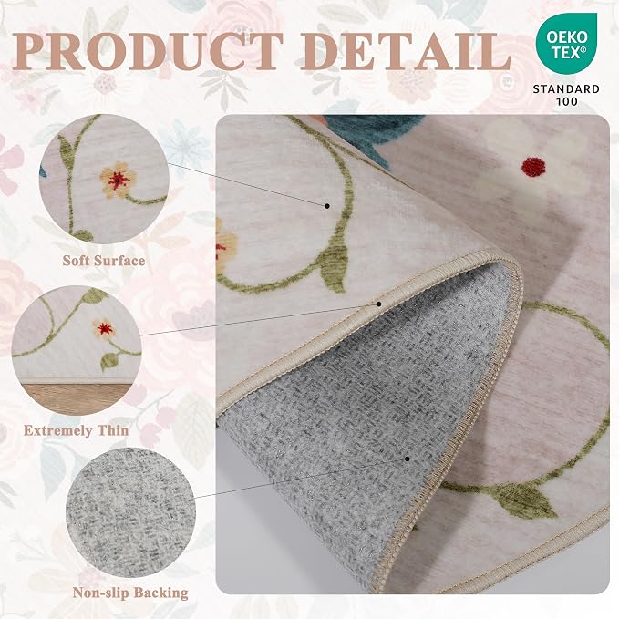 DUKINO 3x5 Area Rug, Floral Washable Rug - Image 5
