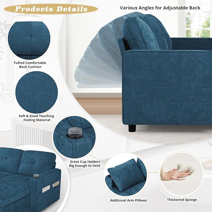 84 Inches Chenille Sectional Sofa w/Pull-Out Sofa Bed & Adjustable Back, Tufted L-Shaped Couch w/Storage Chaise, Sleeper Sectional Sofa w/USB Port & Cup Holders for Living Room, Blue